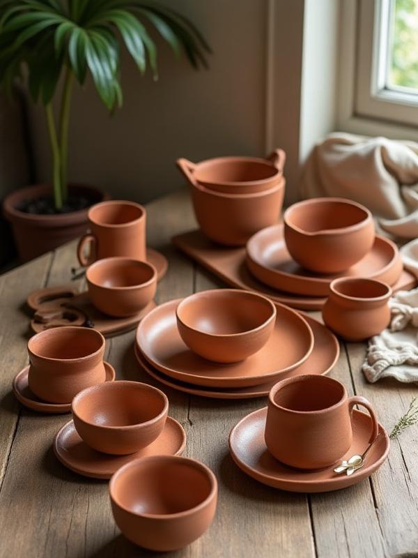 Ein Set aus wunderschön handgefertigten Keramikschalen und Bechern auf einem Holztisch.