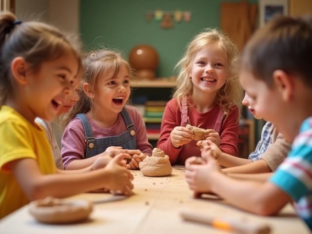 Kinder Töpferkurs: Eine Gruppe von Kindern lacht und formt Ton mit den Händen