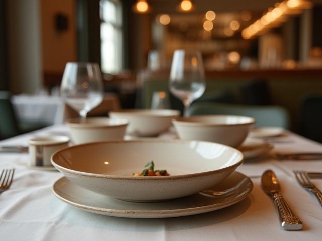 Exklusives, handgefertigtes Geschirrset auf einem stilvoll gedeckten Tisch in einem modernen Restaurant.