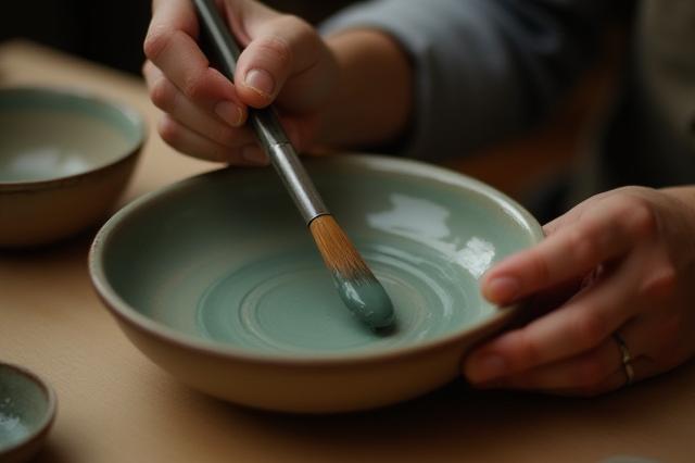 Hände, die eine Keramikschale glasieren.